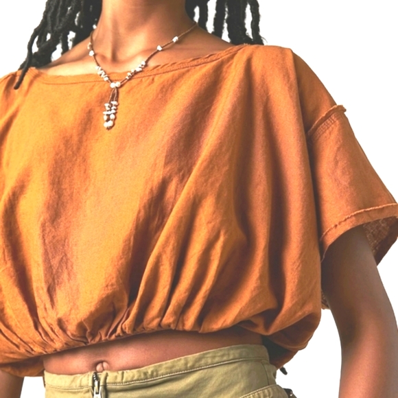 NEW Free People Spiced Pecan Tan Cloud 9 Linen Blend Bubble Tee - Picture 2 of 6